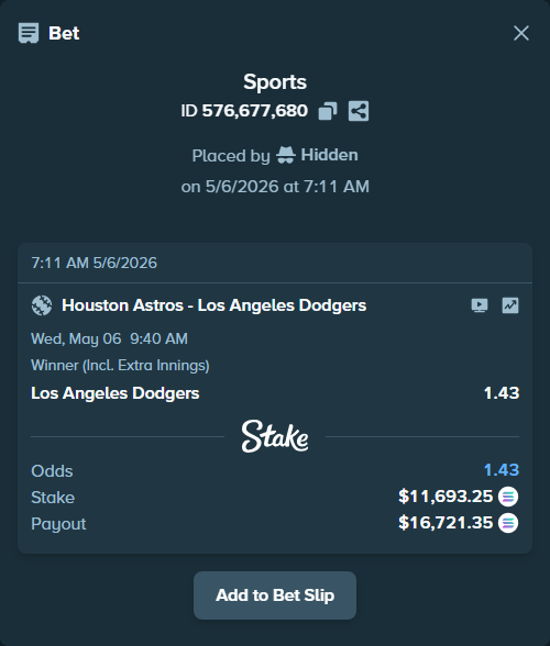 Bet slip: Houston Astros - Los Angeles Dodgers, $26,964.64 stake at 1.43 odds, placed by Hidden