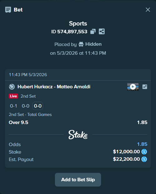 Bet slip: Hubert Hurkacz - Matteo Arnaldi, $12,000.00 stake at 1.85 odds, placed by Hidden