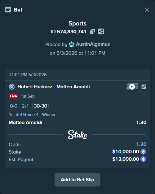 Bet slip: Hubert Hurkacz - Matteo Arnaldi, $15,057.00 stake at 1.30 odds, placed by AustinAlgamus