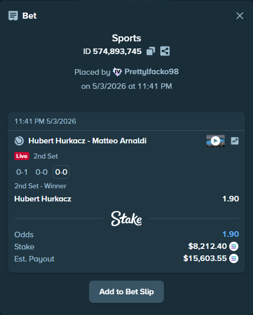 Bet slip: Hubert Hurkacz - Matteo Arnaldi, $19,512.65 stake at 1.90 odds, placed by Prettylfacko98