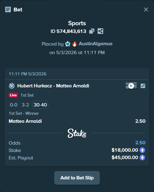 Bet slip: Hubert Hurkacz - Matteo Arnaldi, $27,083.70 stake at 2.50 odds, placed by AustinAlgamus