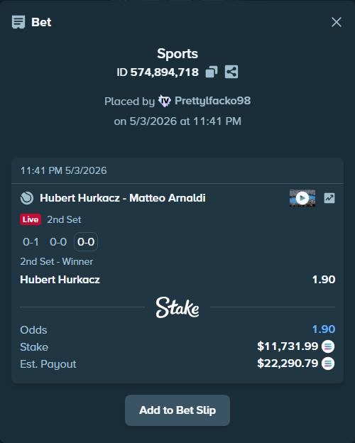 Bet slip: Hubert Hurkacz - Matteo Arnaldi, $27,875.22 stake at 1.90 odds, placed by Prettylfacko98