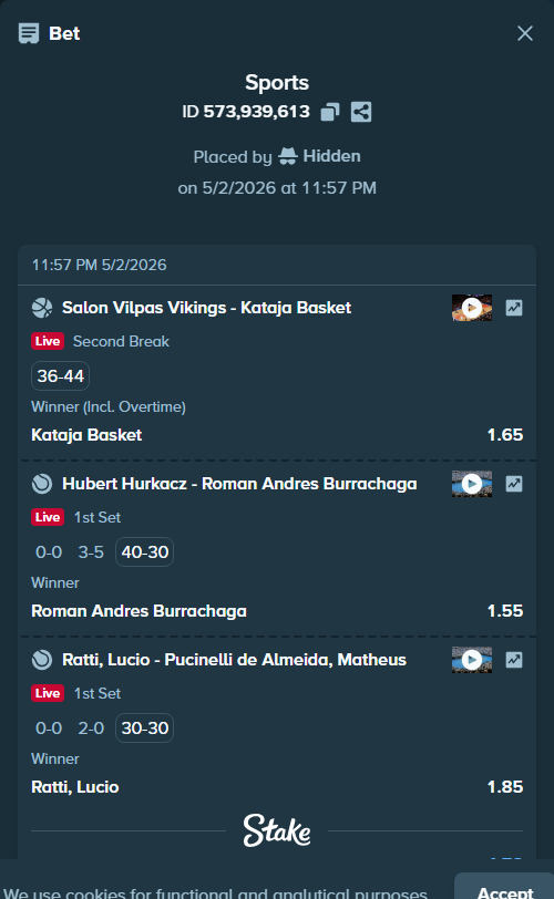 Bet slip: Hubert Hurkacz - Roman Andres Burrachaga, $10,000.00 stake at 1.55 odds, placed by Hidden