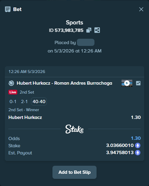 Bet slip: Hubert Hurkacz - Roman Andres Burrachaga, $10,628.10 stake at 1.30 odds, placed by AustinAlgamus