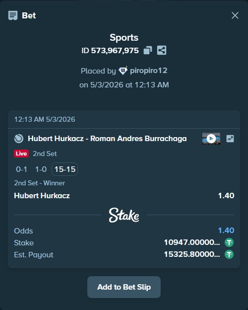 Bet slip: Hubert Hurkacz - Roman Andres Burrachaga, $10,947.00 stake at 1.40 odds, placed by piropiro12