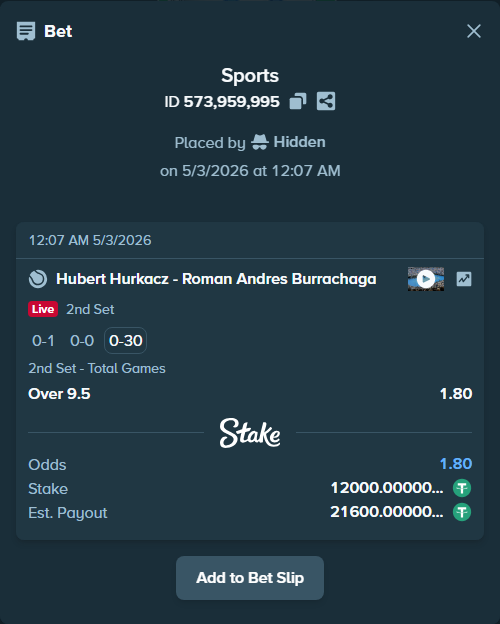 Bet slip: Hubert Hurkacz - Roman Andres Burrachaga, $12,000.00 stake at 1.80 odds, placed by Hidden