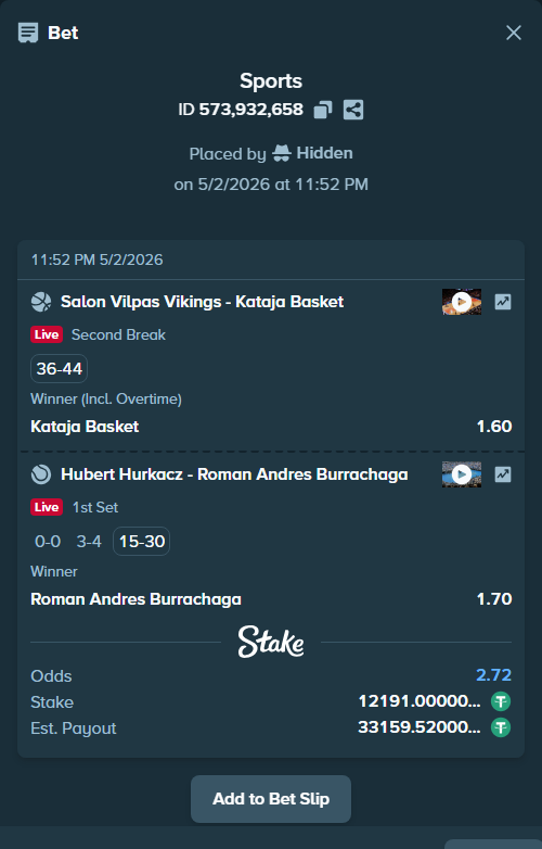 Bet slip: Hubert Hurkacz - Roman Andres Burrachaga, $12,191.00 stake at 1.70 odds, placed by Hidden