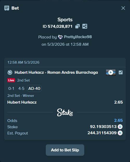 Bet slip: Hubert Hurkacz - Roman Andres Burrachaga, $18,438.61 stake at 2.65 odds, placed by Prettylfacko98