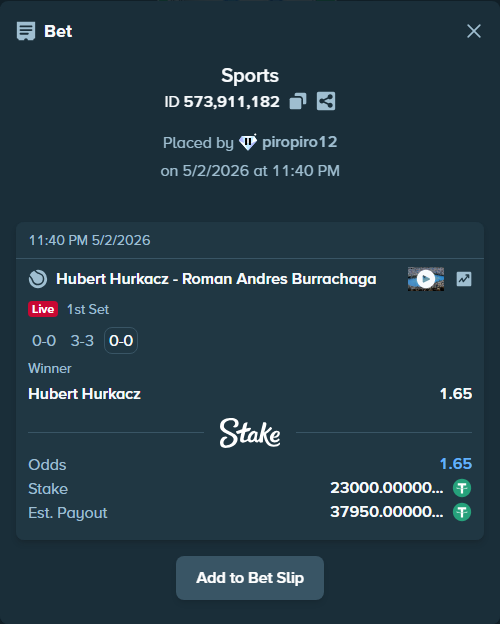Bet slip: Hubert Hurkacz - Roman Andres Burrachaga, $23,000.00 stake at 1.65 odds, placed by piropiro12