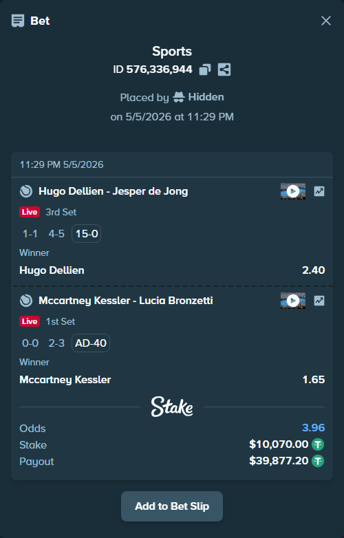 Bet slip: Hugo Dellien - Jesper de Jong, $10,070.00 stake at 2.40 odds, placed by Hidden