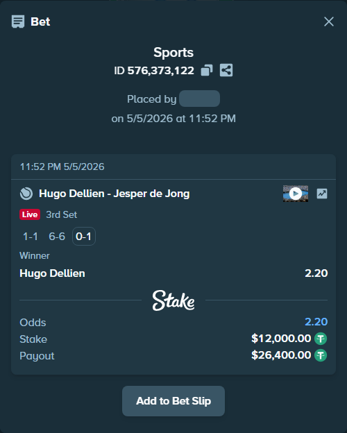 Bet slip: Hugo Dellien - Jesper de Jong, $12,000.00 stake at 2.20 odds, placed by DooDLeZ1love