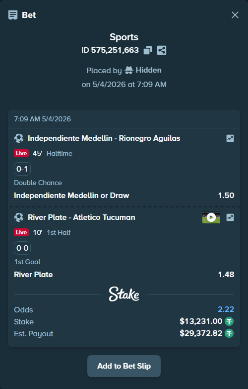 Bet slip: Independiente Medellin - Aguilas Doradas Rionegro, $13,231.00 stake at 1.50 odds, placed by Hidden