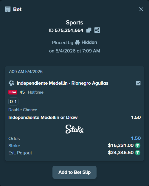 Bet slip: Independiente Medellin - Aguilas Doradas Rionegro, $16,231.00 stake at 1.50 odds, placed by Hidden