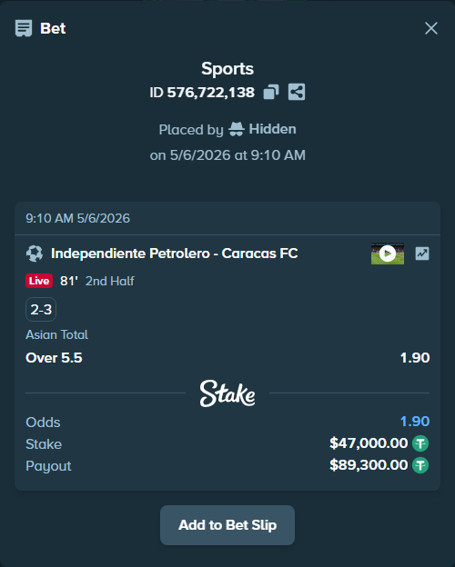 Bet slip: Independiente Petrolero - Caracas FC, $47,000.00 stake at 1.90 odds, placed by Hidden