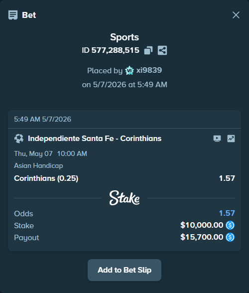 Bet slip: Independiente Santa Fe - Corinthians, $10,000.00 stake at 1.57 odds, placed by xi9839