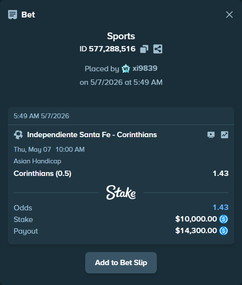 Bet slip: Independiente Santa Fe - Corinthians, $10,000.00 stake at 1.43 odds, placed by xi9839