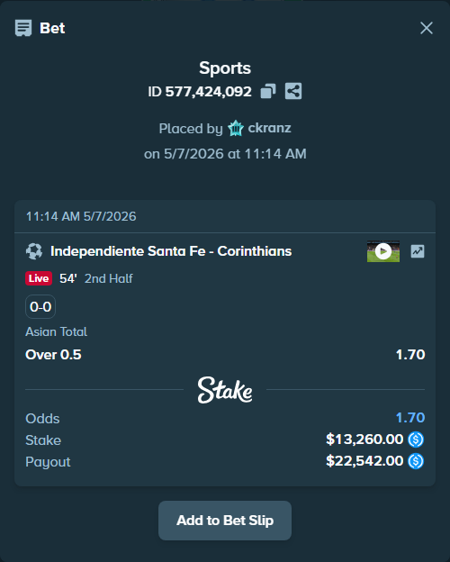 Bet slip: Independiente Santa Fe - Corinthians, $13,260.00 stake at 1.70 odds, placed by ckranz