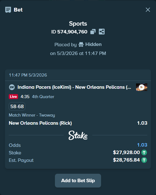 Bet slip: Indiana Pacers (IceKimi) - New Orleans Pelicans (Rick), $27,928.00 stake at 1.03 odds, placed by Hidden