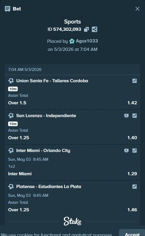 Bet slip: Inter Miami - Orlando City, $10,000.00 stake at 1.29 odds, placed by Agus1033