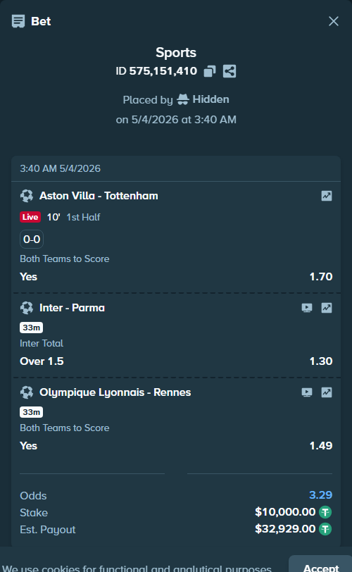 Bet slip: Inter - Parma, $10,000.00 stake at 1.30 odds, placed by Eray10