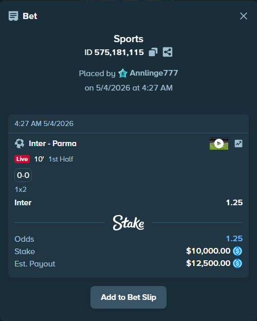 Bet slip: Inter - Parma, $10,000.00 stake at 1.25 odds, placed by Annlinge777