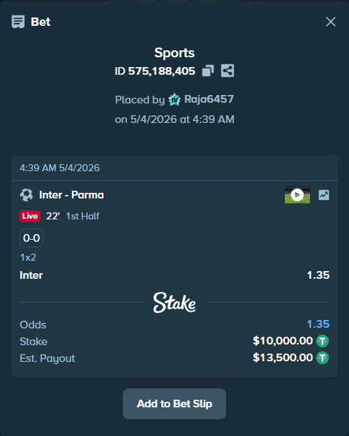 Bet slip: Inter - Parma, $10,000.00 stake at 1.35 odds, placed by Raja6457