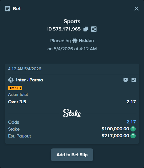 Bet slip: Inter - Parma, $100,000.00 stake at 2.17 odds, placed by Hidden