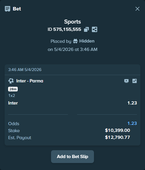 Bet slip: Inter - Parma, $10,399.00 stake at 1.23 odds, placed by drwildwilly