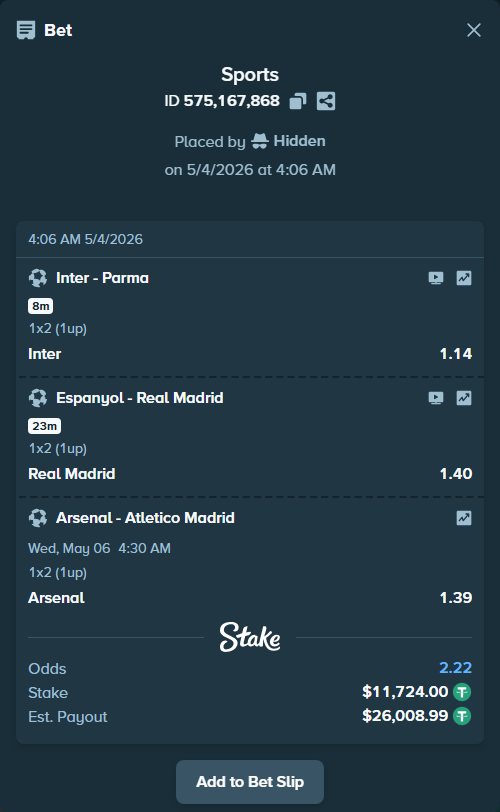 Bet slip: Inter - Parma, $11,724.00 stake at 1.14 odds, placed by Hidden