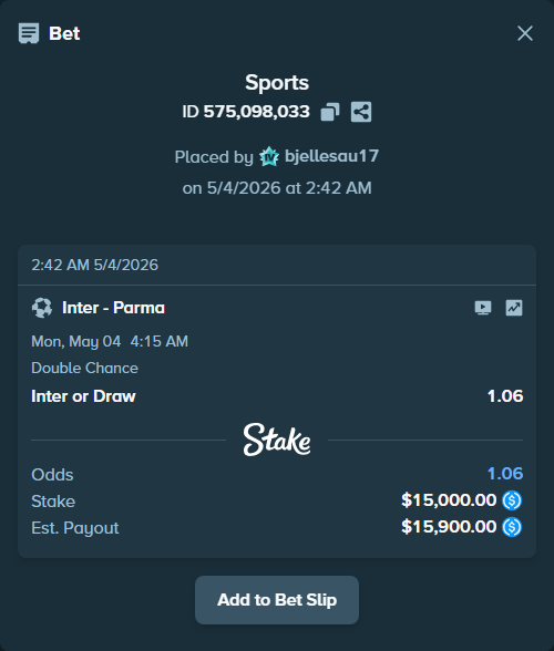 Bet slip: Inter - Parma, $15,000.00 stake at 1.06 odds, placed by bjellesau17