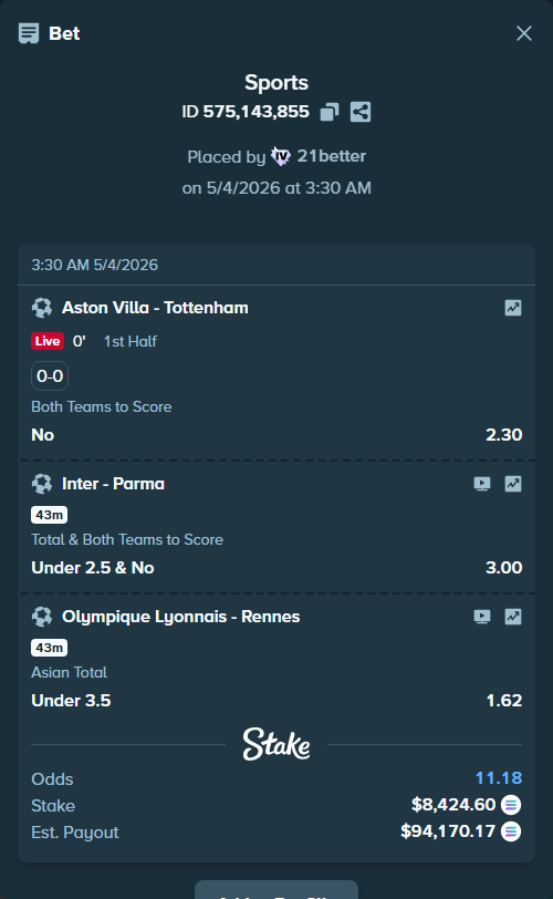 Bet slip: Inter - Parma, $20,000.00 stake at 3.00 odds, placed by 21better