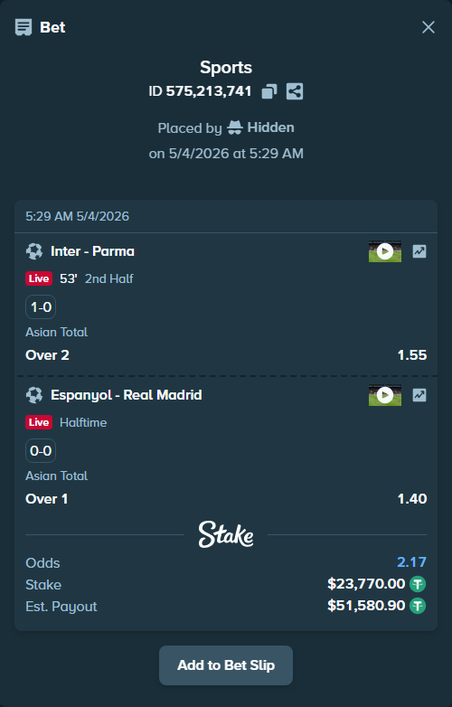 Bet slip: Inter - Parma, $23,770.00 stake at 1.55 odds, placed by Hidden