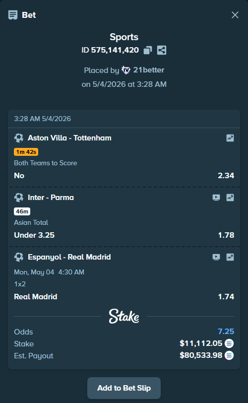 Bet slip: Inter - Parma, $26,380.00 stake at 1.78 odds, placed by 21better