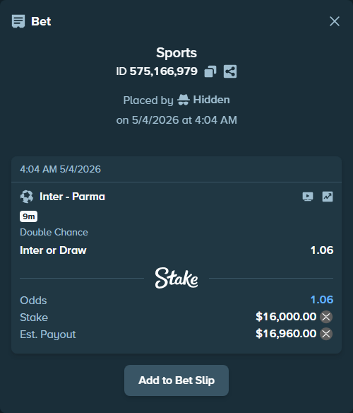 Bet slip: Inter - Parma, $28,696.00 stake at 1.06 odds, placed by Hidden