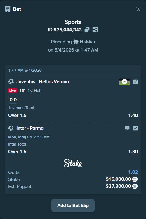 Bet slip: Inter - Parma, $35,640.00 stake at 1.30 odds, placed by Hidden
