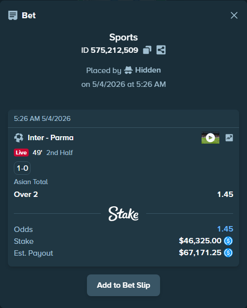Bet slip: Inter - Parma, $46,325.00 stake at 1.45 odds, placed by Hidden