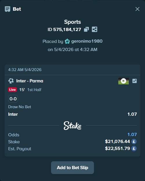 Bet slip: Inter - Parma, $49,510.67 stake at 1.07 odds, placed by geronimo1980