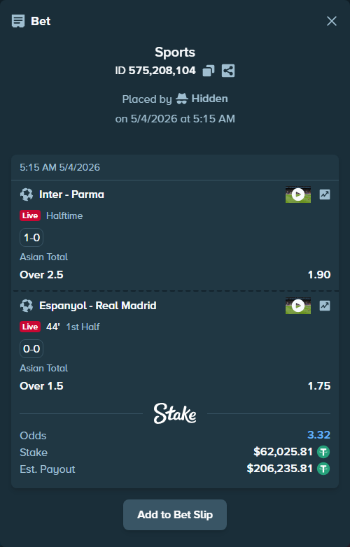 Bet slip: Inter - Parma, $62,025.81 stake at 1.90 odds, placed by Hidden