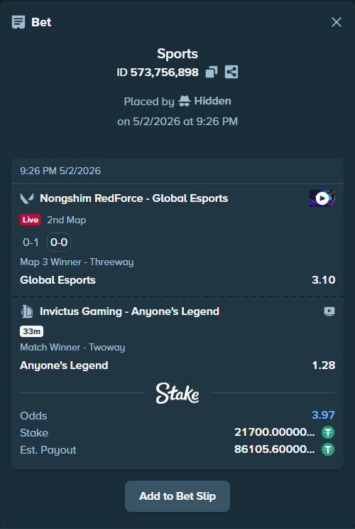 Bet slip: Invictus Gaming - Anyone's Legend, $21,700.00 stake at 1.28 odds, placed by Hidden