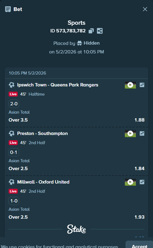 Bet slip: Ipswich Town - Queens Park Rangers, $15,000.00 stake at 1.88 odds, placed by Hidden