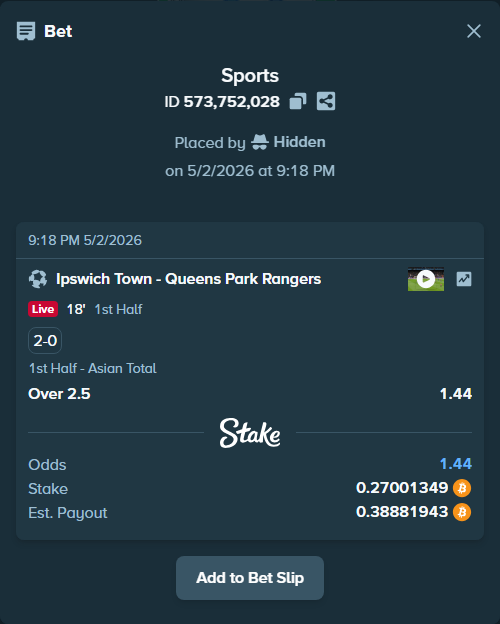 Bet slip: Ipswich Town - Queens Park Rangers, $18,900.94 stake at 1.44 odds, placed by Hidden