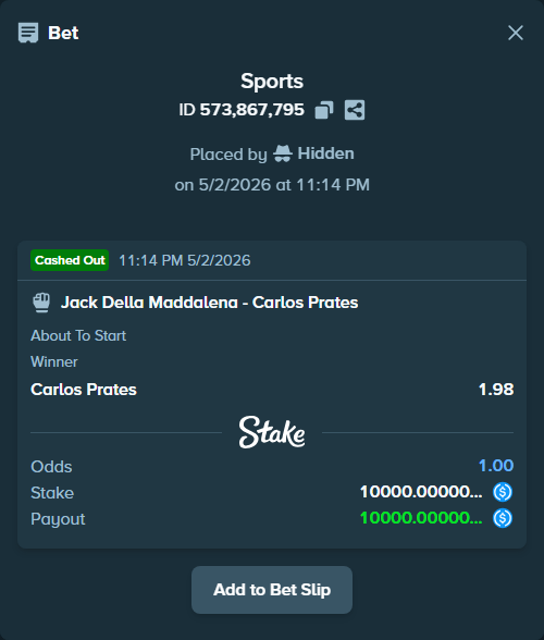 Bet slip: Jack Della Maddalena - Carlos Prates, $10,000.00 stake at 1.98 odds, placed by Hidden