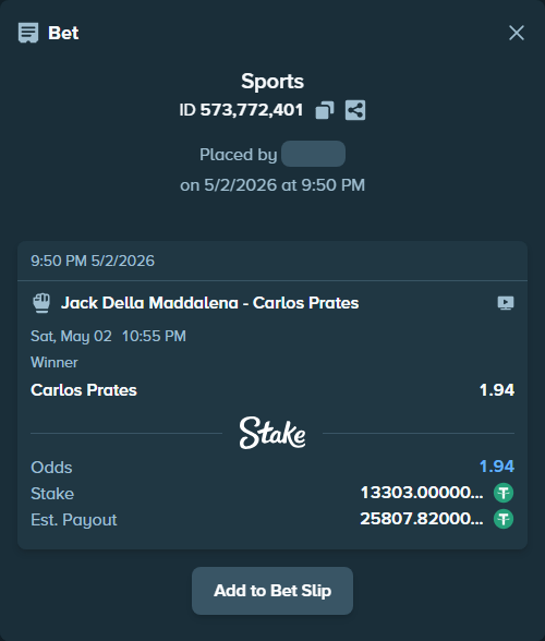 Bet slip: Jack Della Maddalena - Carlos Prates, $13,303.00 stake at 1.94 odds, placed by Sentencedd