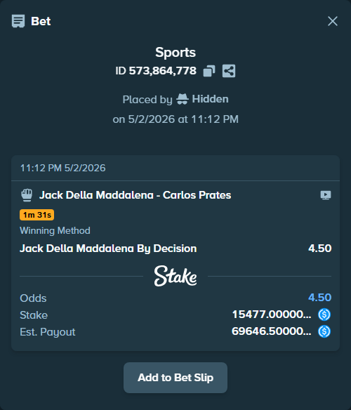 Bet slip: Jack Della Maddalena - Carlos Prates, $15,477.00 stake at 4.50 odds, placed by Hidden