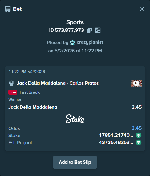 Bet slip: Jack Della Maddalena - Carlos Prates, $17,851.22 stake at 2.45 odds, placed by crazypianist