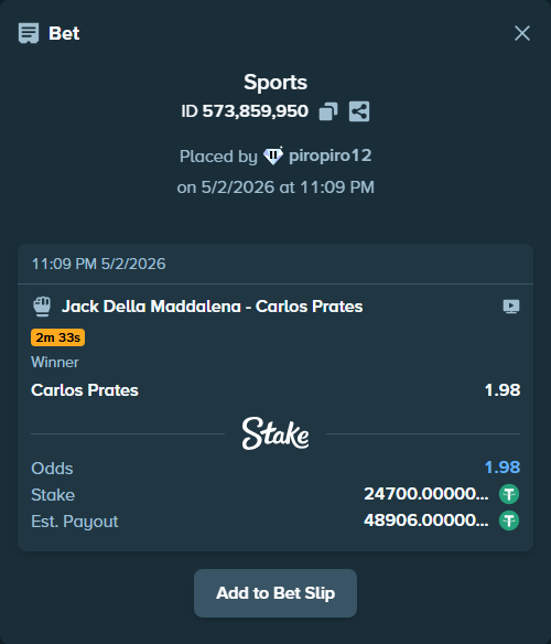 Bet slip: Jack Della Maddalena - Carlos Prates, $24,700.00 stake at 1.98 odds, placed by piropiro12