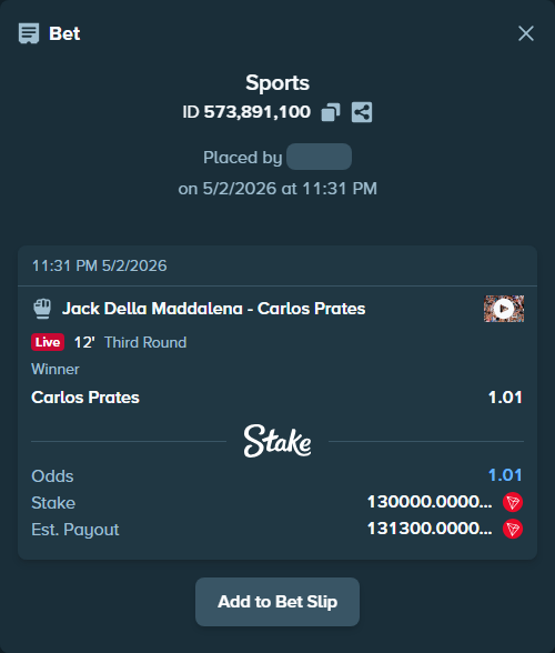 Bet slip: Jack Della Maddalena - Carlos Prates, $32,500.00 stake at 1.01 odds, placed by Irakli1989
