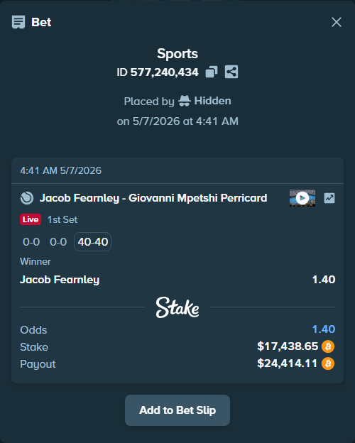 Bet slip: Jacob Fearnley - Giovanni Mpetshi Perricard, $15,002.47 stake at 1.40 odds, placed by Hidden