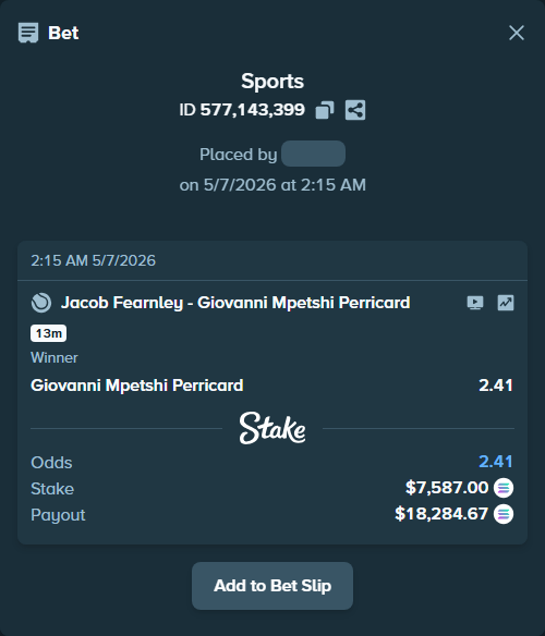 Bet slip: Jacob Fearnley - Giovanni Mpetshi Perricard, $17,055.58 stake at 2.41 odds, placed by NwordR