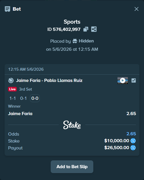 Bet slip: Jaime Faria - Pablo Llamas Ruiz, $10,000.00 stake at 2.65 odds, placed by Hidden